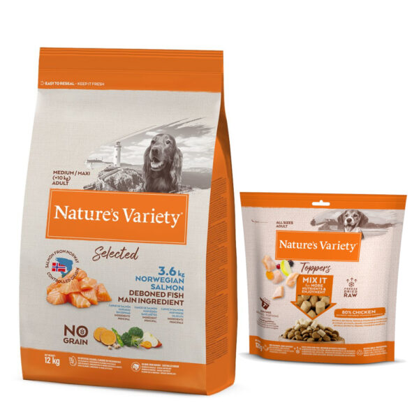 Nature's Variety Original No Grain Junior Laks - Selected Medium Adult Norsk laks - 12 kg + frysetørkede topper til hunder Kylling - 120 g