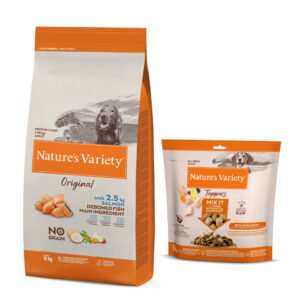 Nature's Variety Original No Grain Junior Laks - Original No Grain Medium Adult Laks - 12 kg + frysetørkede topper til hunder Kylling - 120 g