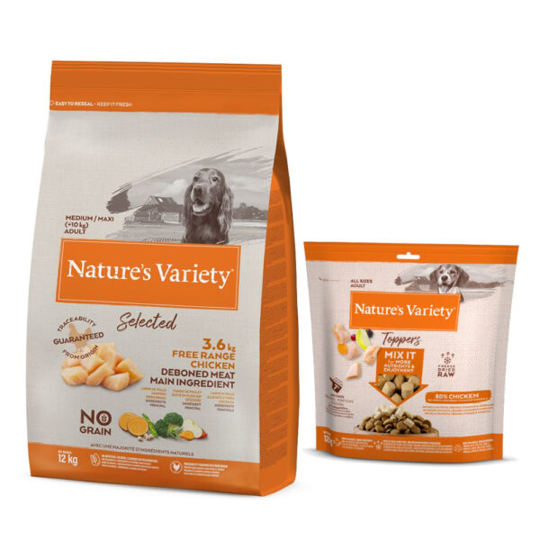 Nature's Variety Original No Grain Junior Laks - Selected Medium Adult Frittgående kylling - 12 kg + frysetørkede topper til hunder Kylling - 120 g