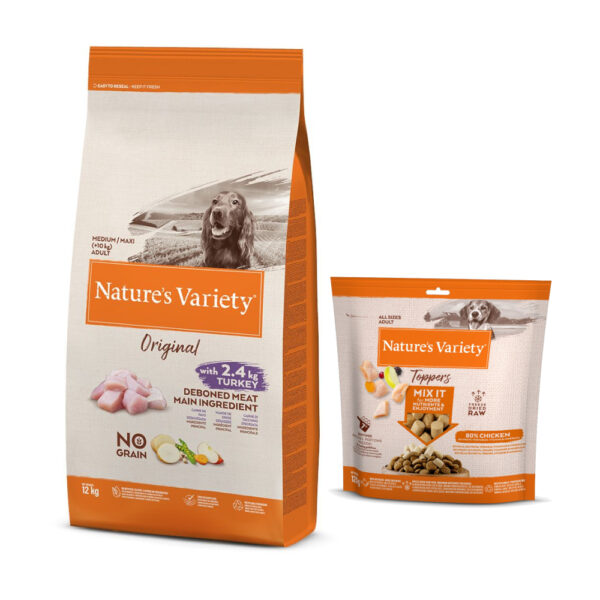 Nature's Variety Original No Grain Junior Laks - Original No Grain Medium Adult Kalkun - 12 kg + frysetørkede topper til hunder Kylling - 120 g