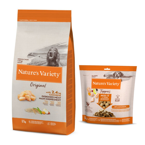 Nature's Variety Original No Grain Junior Laks - Original Medium/Maxi Adult Kylling - 12 kg + frysetørkede topper til hunder Kylling - 120 g