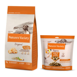 Nature's Variety Original No Grain Junior Laks - Original Mini Adult Kyling - 7 kg + frysetørkede topper til hunder Kylling - 120 g