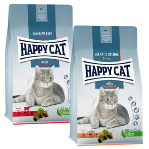 Mikspakke Happy Cat Indoor 2 x 4 kg - Foralpe-okse & Atlanterhavs-Laks