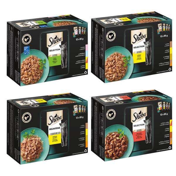 Økonomipakke: Sheba Selection i saus 48 x 85 g porsjonsposer - Mix: Selection i saus fjærkre + Fint mangfold + Delikatesse i gelè