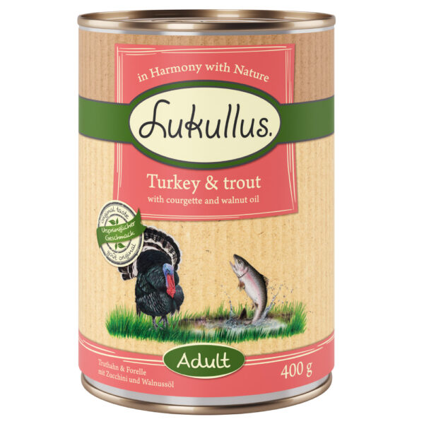 Lukullus Naturkost Adult Kornfri 6 x 400 g - Kalkun & Ørret