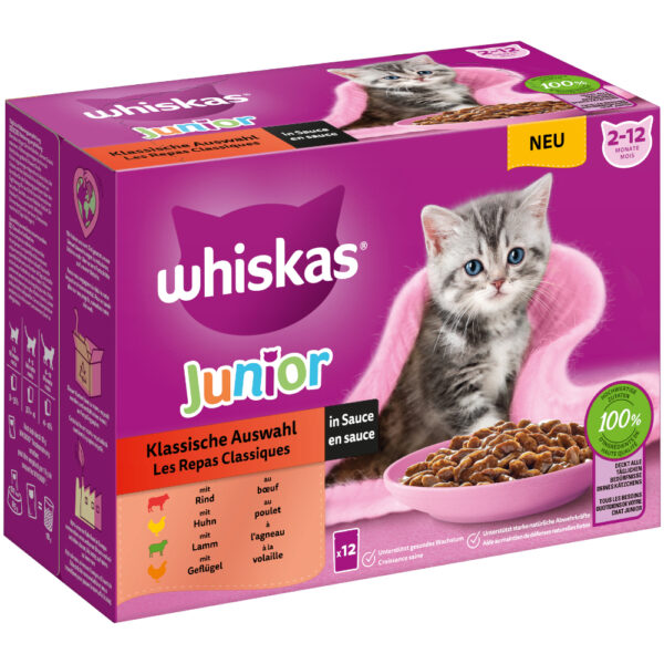 Megapakke Whiskas Junior porsjonsposer 24 x 85 gram - Klassisk utvalg i saus