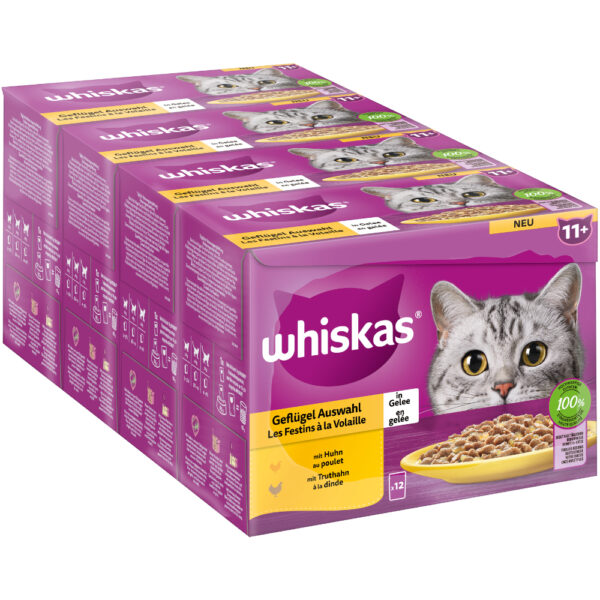 Megapakke Whiskas 7+ /11+ Senior 96 x 85 g Porsjonsposer - 11+ Fjærkreutvalg i gelè