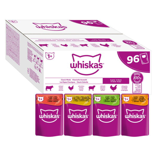 Megapakke 96 x 85 g Whiskas porsjonsposer - Adult 1+ Klassisk utvalg i saus (96 x 85g)