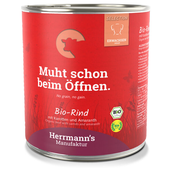 Herrmann's Meny Sensitive 24 x 400 g / 800 g - Bio-Storfe mit Bio-gulrøtter og Bio-Amaranth