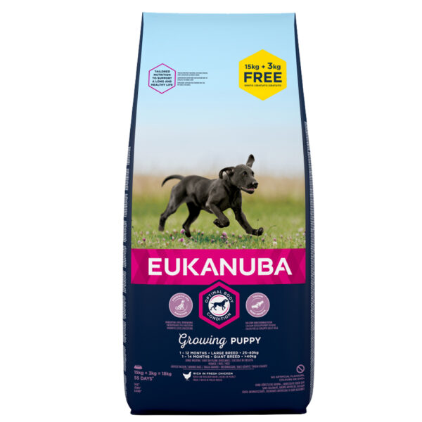 15 + 3 kg gratis! 18 kg Eukanuba Adult og Puppy store og mellomstore raser - Puppy Large Breed