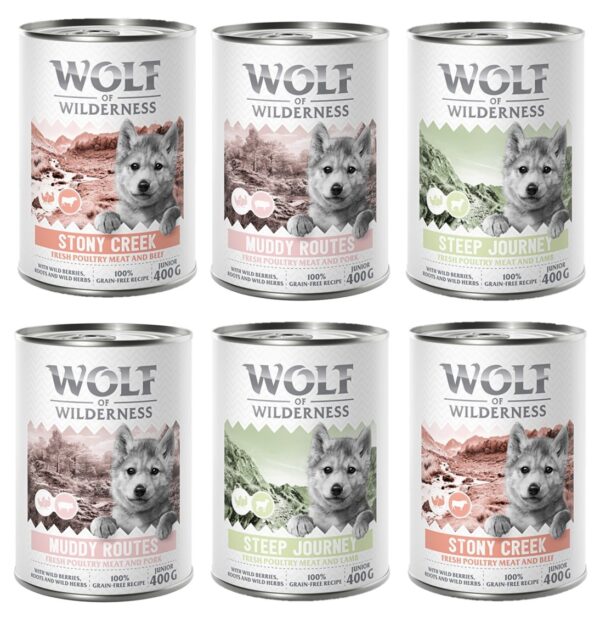 10 % Rabatt! Wolf of Wilderness mixpakker - 6 x 400 g (bokser): JUNIOR 2x Fjærkre & storfe