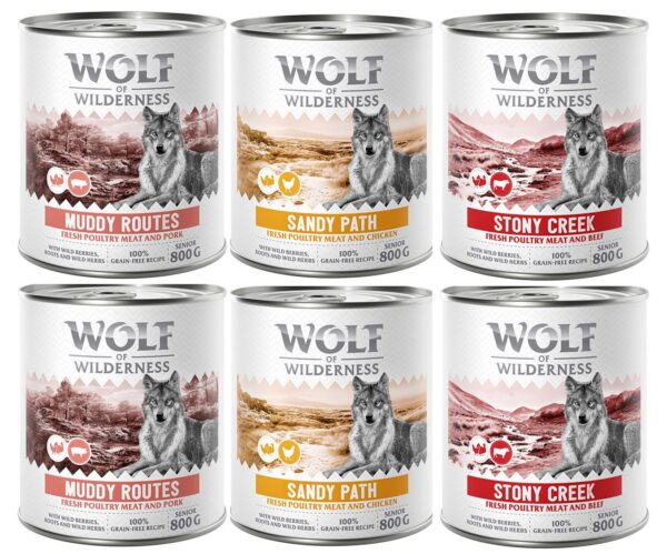 10 % Rabatt! Wolf of Wilderness mixpakker - 6 x 800 g (bokser): SENIOR 2x Fjærkre & storfe