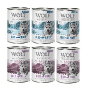 10 % Rabatt! Wolf of Wilderness mixpakker - 6 x 400 g (bokser): JUNIOR 3x Freiland-Ente & -Kalb