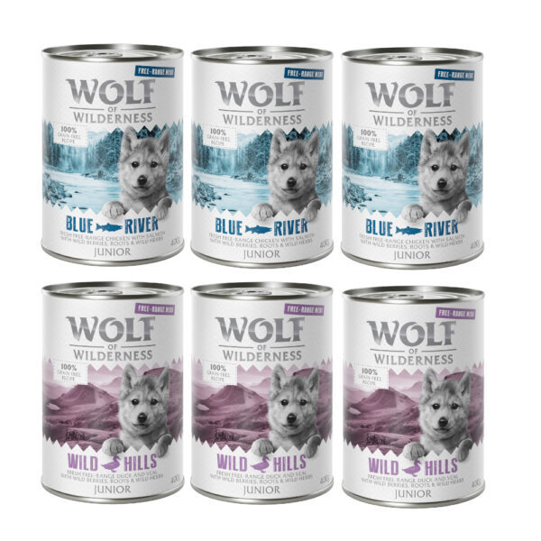 10 % Rabatt! Wolf of Wilderness mixpakker - 6 x 400 g (bokser): JUNIOR 3x Freiland-Ente & -Kalb