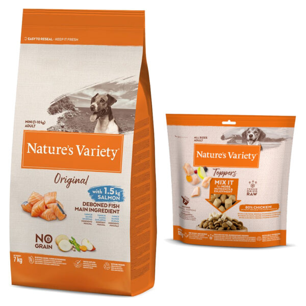 Nature's Variety Original No Grain Junior Laks - Original No Grain Mini Adult laks - 7 kg + frysetørkede topper til hunder Kylling - 120 g