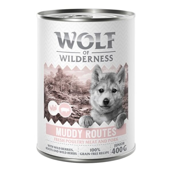 Wolf of Wilderness Junior “Expedition” 6 x 400 g - Muddy Routes - Fjærkre med gris