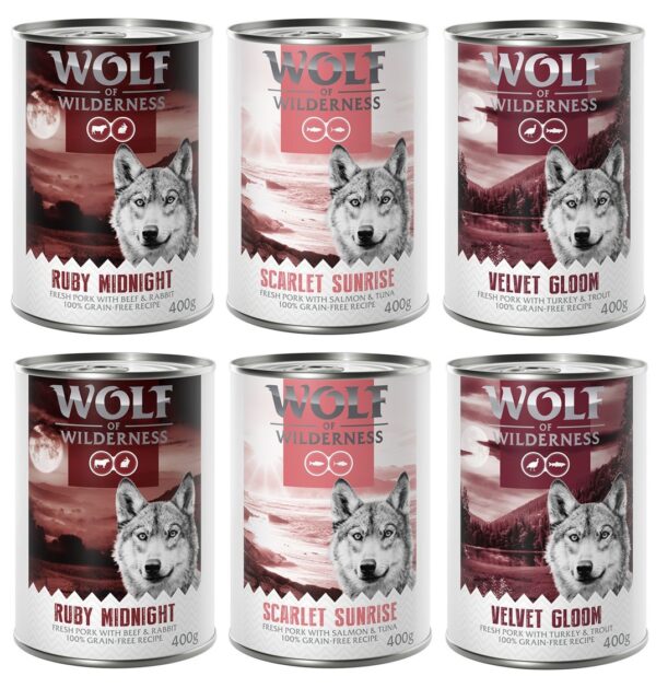 10 % Rabatt! Wolf of Wilderness mixpakker - 6 x 400 g (Red Meat bokser): 2x Ruby Midnight