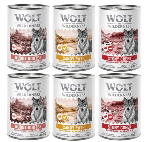 10 % Rabatt! Wolf of Wilderness mixpakker - 6 x 400 g (bokser): SENIOR 2x Fjærkre & storfe