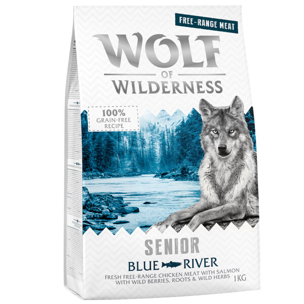 Wolf of Wilderness Free Range hundefôr: Velg mellom tørrfôr eller våtfôr - SENIOR "Blue River" - Frittgående kylling & Laks (Tørrfôr