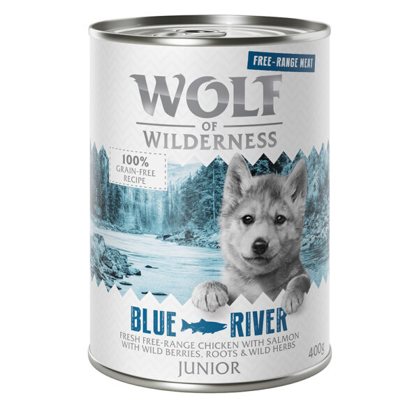 Wolf of Wilderness Free Range hundefôr: Velg mellom tørrfôr eller våtfôr - JUNIOR Blue River - Frittgående kylling & Laks (Våtfôr 6 x 400 g)