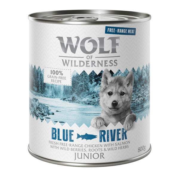 24x800g Wolf of Wilderness Junior "Frittgående" - Junior Blue River - Frittgående Kylling & Laks