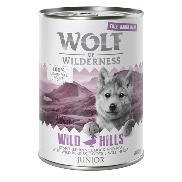 Wolf of Wilderness Free Range hundefôr: Velg mellom tørrfôr eller våtfôr - JUNIOR Wild Hills - Frittgående and & frittgående kalv Våtfôr 6 x 400 g)