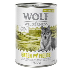 Wolf of Wilderness Free Range hundefôr: Velg mellom tørrfôr eller våtfôr - SENIOR Green Fields - Frittgående lam & Frittgående kylling (Våtfôr 6 x 400 g)