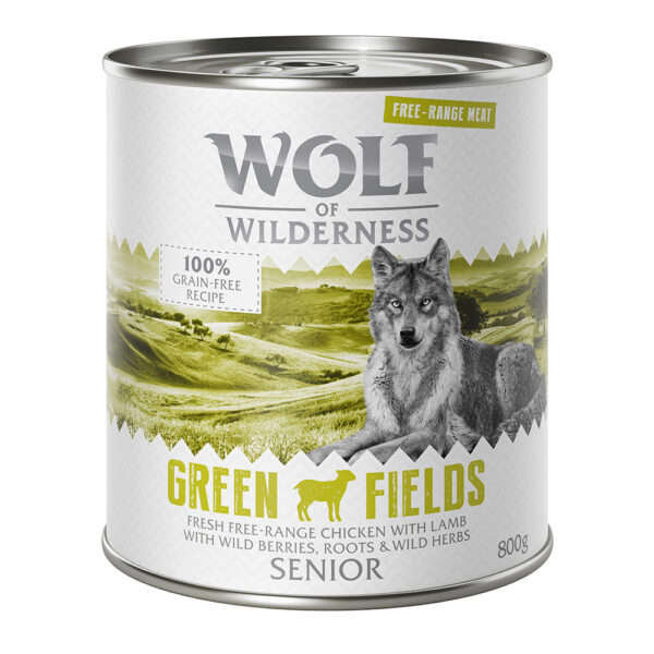 24x800g Wolf of Wilderness Senior "Frittgående" - Senior Green Fields - Frittgående Lam & Kylling