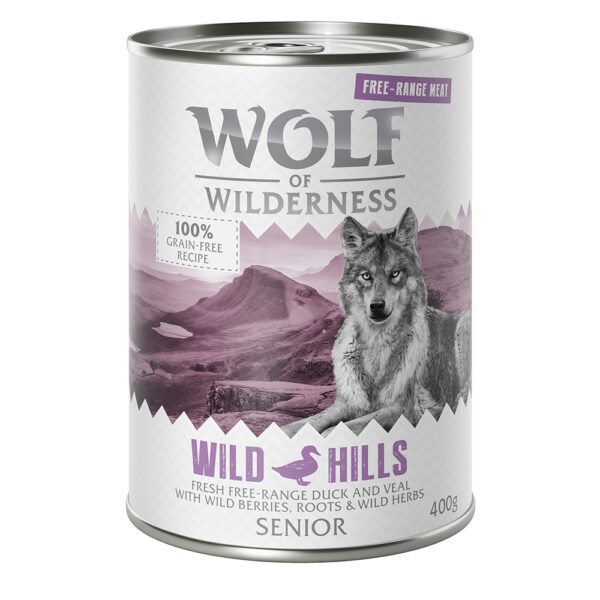 Wolf of Wilderness Free Range hundefôr: Velg mellom tørrfôr eller våtfôr - SENIOR Wild Hills - Frittgående and & frittgående kalv (Våtfôr 6 x 400 g)