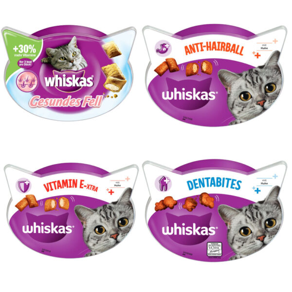 Verdipakke med snacks fra Whiskas til spesialpris! - 2 x 40 g Dentabites + 2 x 50 g Vitamin E-Xtra + 2 x 50 g Sunn pels + 2 x 60 g Anti-Hairball