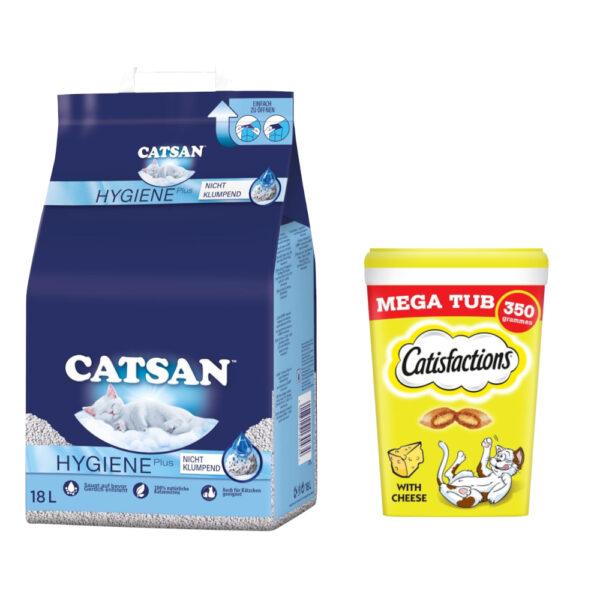 18 l Catsan kattesand + 2 x 350 g Dreamies snacks til spesialpris! - Hygienestrø kattesand + Kattensnacks Ost