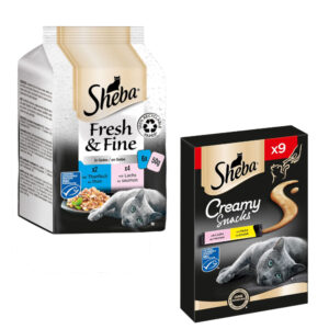 6 x 50 g Sheba Fresh & Fine våtfôr + 9 x 12 g Creamy Snack til spesialpris! - 6 x 50 g Fresh & Fine: Tunfisk og laks i gelé + 9 x 12 g Creamy Snacks: kylling & laks