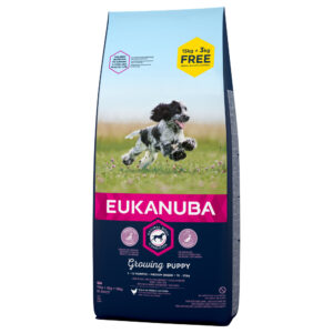 15 + 3 kg gratis! 18 kg Eukanuba Adult og Puppy store og mellomstore raser - Puppy Medium Breed Kylling