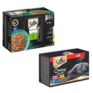 12 x 85 g Sheba Selection våtfôr + 18 x 12 g Creamy snack til spesialpris! - 12 x 85 g Selection i saus - fint mangfold + 18 x 12 g Creamy Snacks Multipack