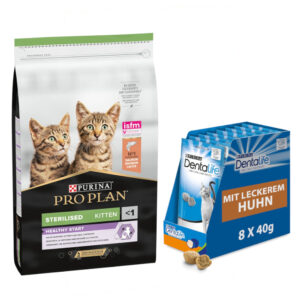 10 kg PURINA PRO PLAN + 8 x 40 g Dentalife Daglig tannpleie snacks / godbiter gratis! - Sterilised Kitten Healthy Start Laks