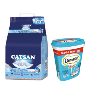 18 l Catsan kattesand + 2 x 350 g Dreamies snacks til spesialpris! - Hygienestrø kattesand + Kattensnacks Laks