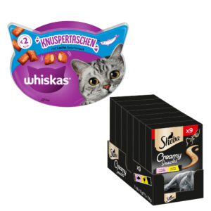 2 x 180 g Whiskas Temptations + 9 x 12 g Sheba Creamy Snacks til spesialpris! - 2 x 180 g Whiskas temptations: Lachs + 9 x 12 g Sheba Creamy Snacks: kylling & laks