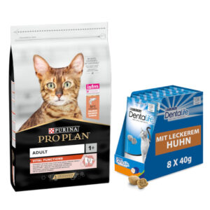 10 kg PURINA PRO PLAN + 8 x 40 g Dentalife Daglig tannpleie snacks / godbiter gratis! - Adult Vital Functions Laks