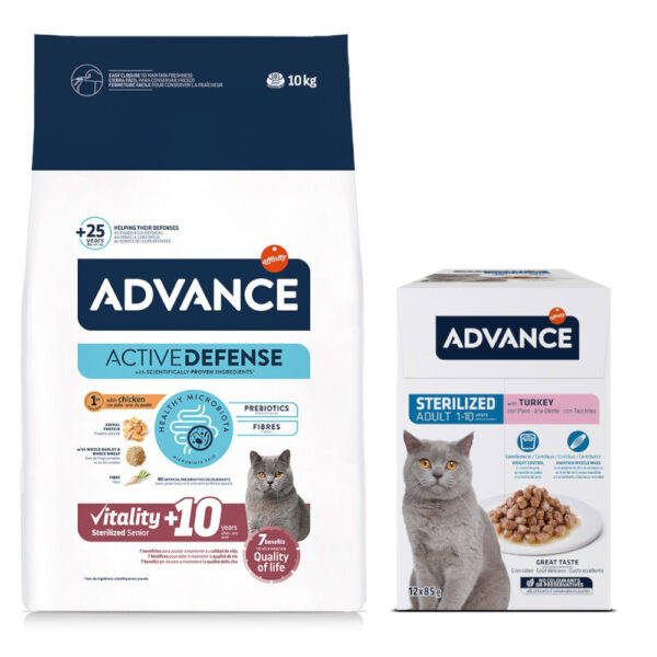 10 kg Advance + 12 x 85 g passende våtfôr til spesialpris! - 10 kg Sterilized Senior +10 med kylling + 12 x 85 g Sterilized kalkun