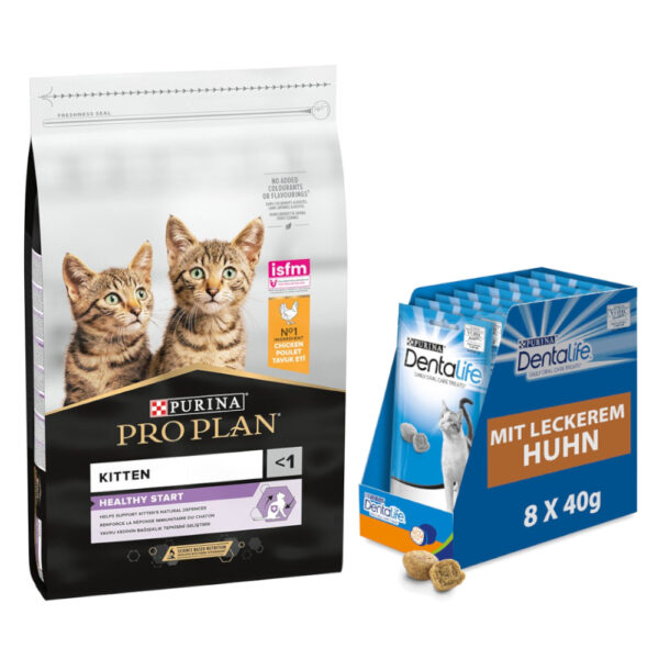 10 kg PURINA PRO PLAN + 8 x 40 g Dentalife Daglig tannpleie snacks / godbiter gratis! - Kitten Healthy Start Rikt på kylling