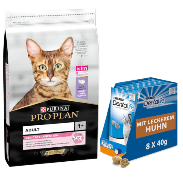 10 kg PURINA PRO PLAN + 8 x 40 g Dentalife Daglig tannpleie snacks / godbiter gratis! - Adult Delicate Digestion Rikt på kalkun