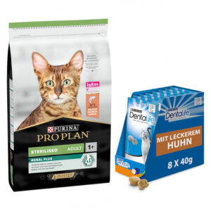 10 kg PURINA PRO PLAN + 8 x 40 g Dentalife Daglig tannpleie snacks / godbiter gratis! - Sterilised Adult Renal Plus Laks