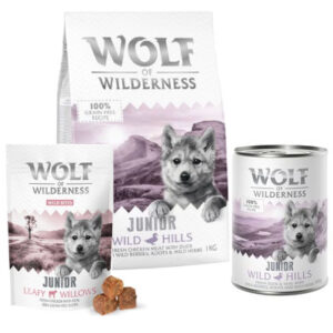 Wolf of Wilderness Junior Prøvepakke Wild Hills + Leafy Willows snacks - 3-delt sett: tørrfôr